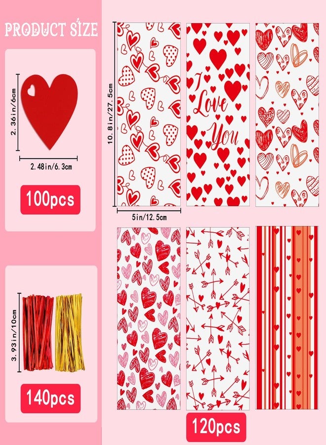 YUJUN 120 PCS Valentines Cellophane Treat Bags,Valentines Present Goodie Candy Red Heart Clear Cello Bags with 100 Pieces Heart Tags for Valentine's Day Weeding Party Favor Supplies(6 Styles) - Image 2